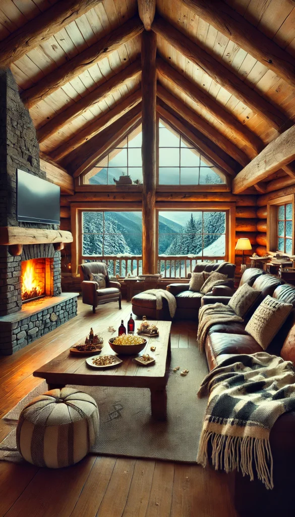 A movie night setup in a rustic cabin with wooden beams and large windows showing a snowy mountain landscape outside. Inside, there's a stone fireplace, a large leather sofa with cozy throws, and a coffee table filled with comfort snacks like popcorn, hot chocolate, and cookies. The ambiance is warm and inviting, perfect for a relaxing movie marathon by the fire.