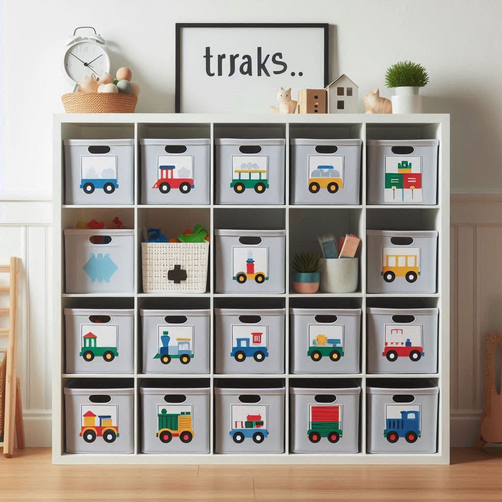 A modern toy storage system featuring cube shelves with labeled bins. Each bin has both text and a picture (e.g., a train icon for trains) to help kids identify what goes where. The organizer is against a clean white wall with pops of color from toys and decor.
