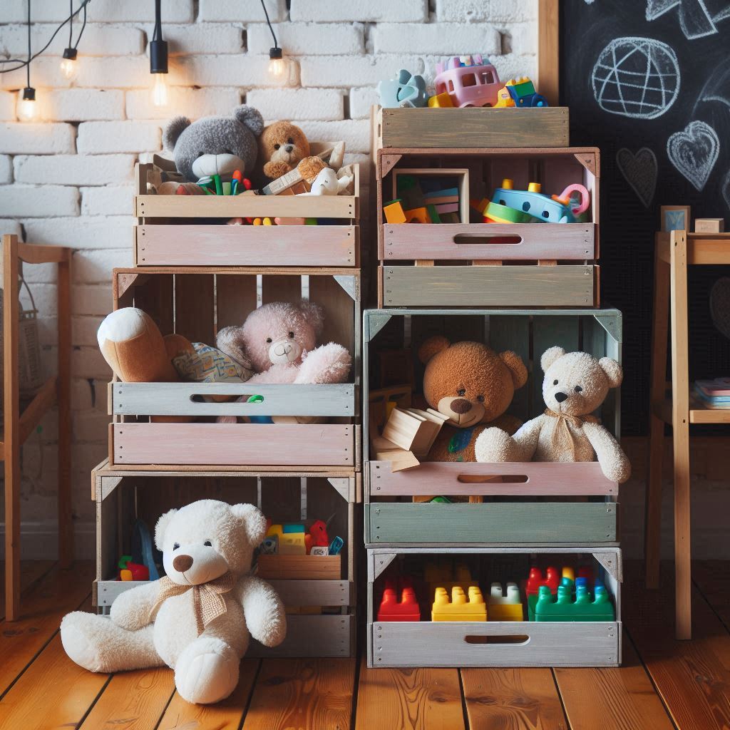 A rustic DIY toy organizer made from stacked wooden crates painted in soft pastel colors. Each crate holds different types of toys: stuffed animals, puzzles, and building blocks. The organizer is placed in a farmhouse-style play area with string lights and a chalkboard wall.