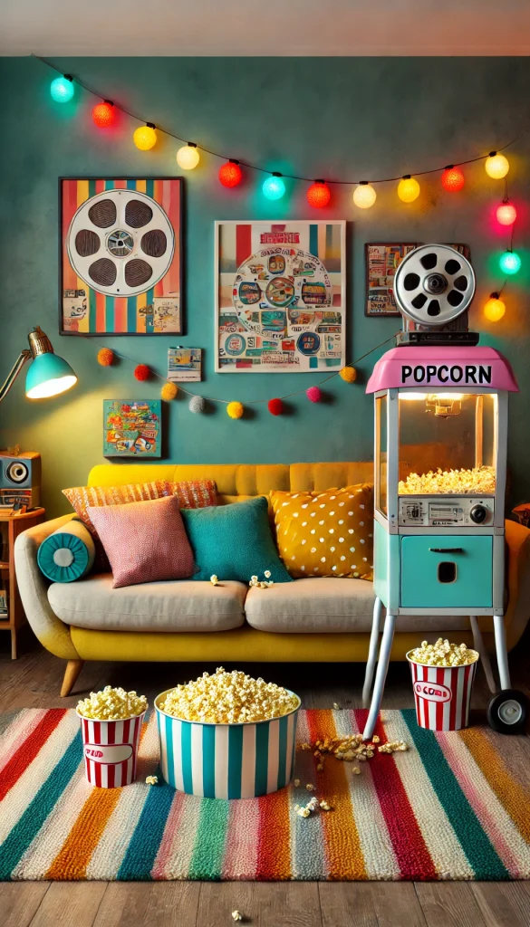A movie night setup in a colorful living room with a retro vibe. The room features a bright sofa with fun cushions, a vintage popcorn machine, and a classic TV showing an old movie. The coffee table is adorned with a variety of snacks, and colorful string lights hang from the ceiling, adding a playful touch to the atmosphere.