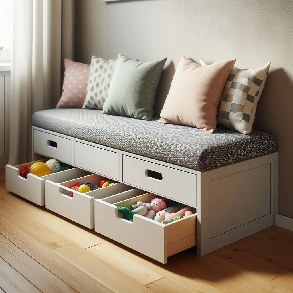 A stylish entryway or playroom bench with hidden toy storage drawers underneath. The bench is cushioned with cute pillows, and the storage drawers slide out, revealing neatly sorted toys. Natural light pours in from a window, creating a cozy, tidy atmosphere.