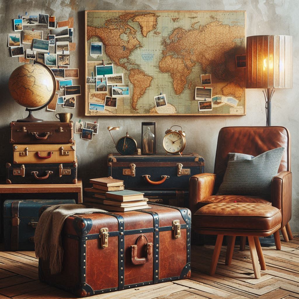 A wanderlust-inspired reading space with a vintage trunk used as a coffee table, travel books and maps on the wall, postcards pinned to a corkboard, a globe lamp, a leather armchair, and worn suitcases stacked as side tables. The vibe is adventurous and eclectic, perfect for dreamers and explorers.