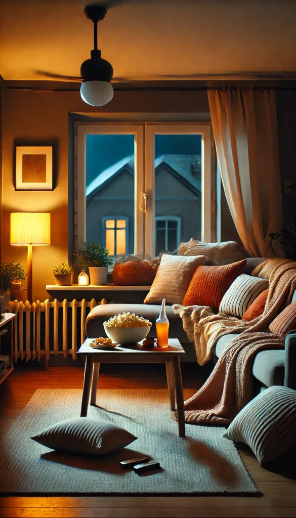A cozy movie night in a small apartment with a comfortable couch covered in blankets and pillows. The room has a warm, inviting atmosphere with soft lighting from a table lamp and a nearby window revealing a night sky. A coffee table with snacks like popcorn, chips, and a drink sits in the center of the room, creating the perfect environment for a relaxed movie night.