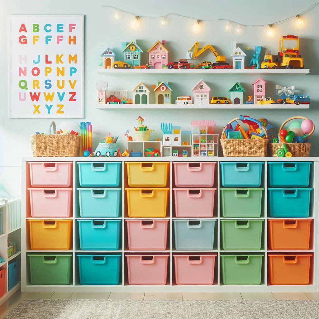 A bright and cheerful playroom featuring colorful plastic storage bins labeled by toy type (Legos, Dolls, Cars, Crafts). The bins are stored in a white cubby-style organizer. The walls are pastel blue with a fun alphabet poster and string lights overhead.