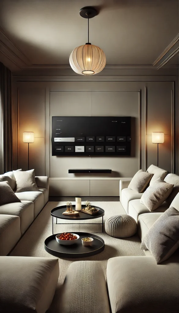 An elegant movie night setup in a minimalist living room with a sleek, modern TV mounted on the wall. The room features a neutral color palette with soft cushions, a simple coffee table with a few snacks, and a stylish light fixture hanging from the ceiling. The atmosphere is calm and peaceful, perfect for a quiet movie night with a relaxing vibe.
