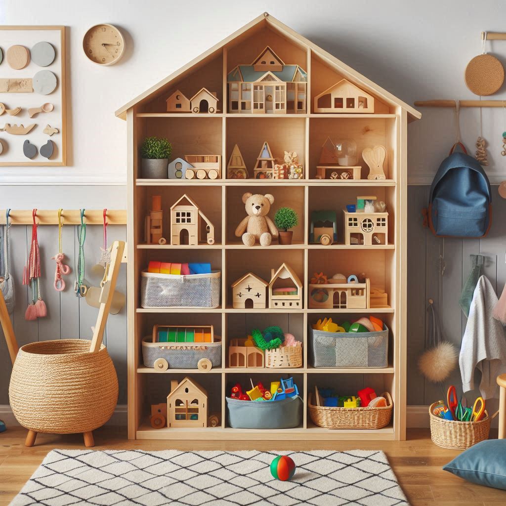 A neatly organized Montessori-inspired toy shelf in a child