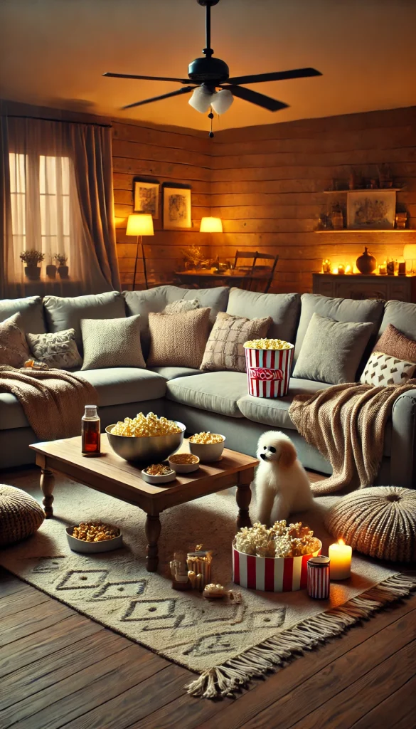 A family movie night in a cozy living room with a large sectional sofa. The space is filled with soft throw blankets, decorative pillows, and a coffee table stacked with a variety of snacks, including popcorn, candy, and soda. The room is softly lit with table lamps and a warm glow from a nearby fireplace, creating a welcoming atmosphere for a family movie marathon.