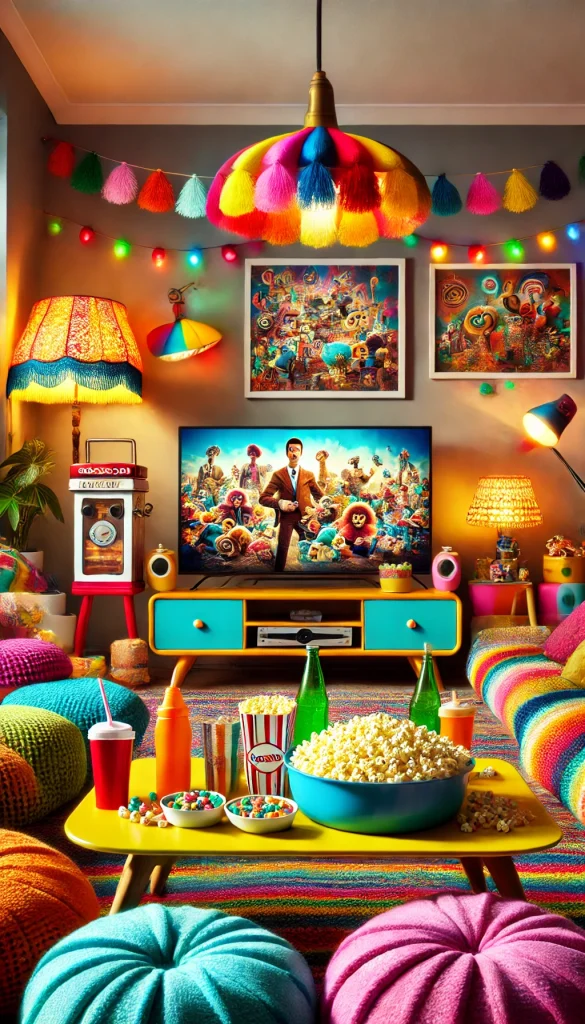 A fun and quirky movie night setup in a bright and colorful living room with a retro feel. The room is decorated with vibrant cushions, funky lamps, and a vintage popcorn maker. A large flat-screen TV is displaying a comedy film, and the coffee table is full of snacks like candy, chips, and fizzy drinks. The atmosphere is lively and playful, perfect for a group of friends to enjoy a movie marathon.