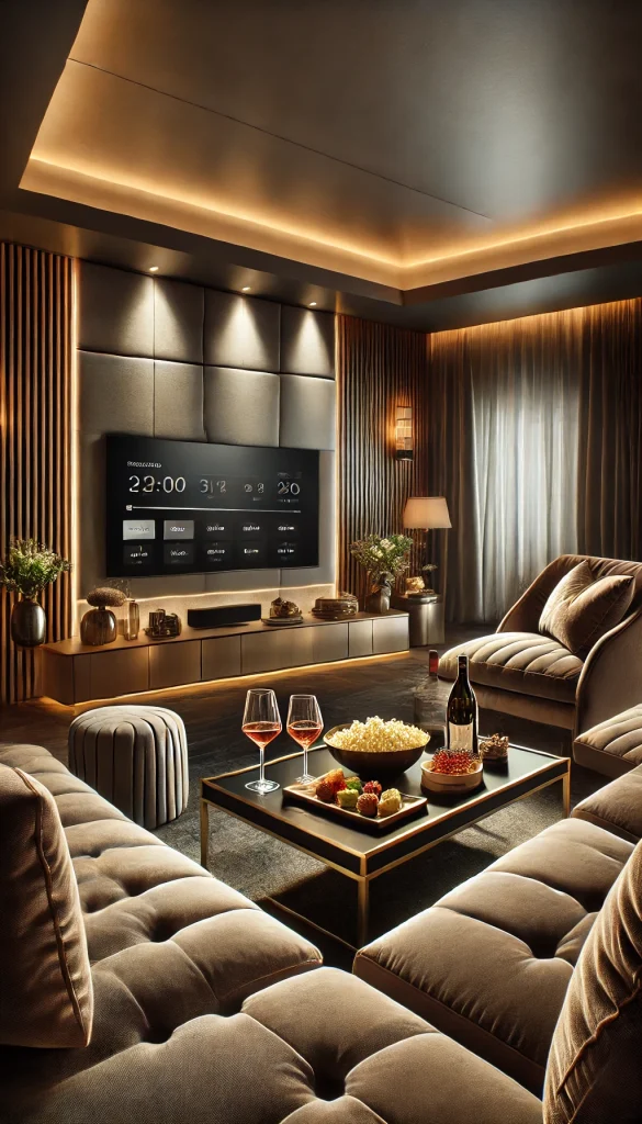A luxurious movie night setup in a high-end living room with a sleek modern TV mounted on the wall. The room features plush velvet seating with elegant cushions and a stylish coffee table adorned with gourmet snacks, wine glasses, and a bowl of popcorn. The lighting is soft and ambient, creating an upscale and relaxing movie-watching experience.