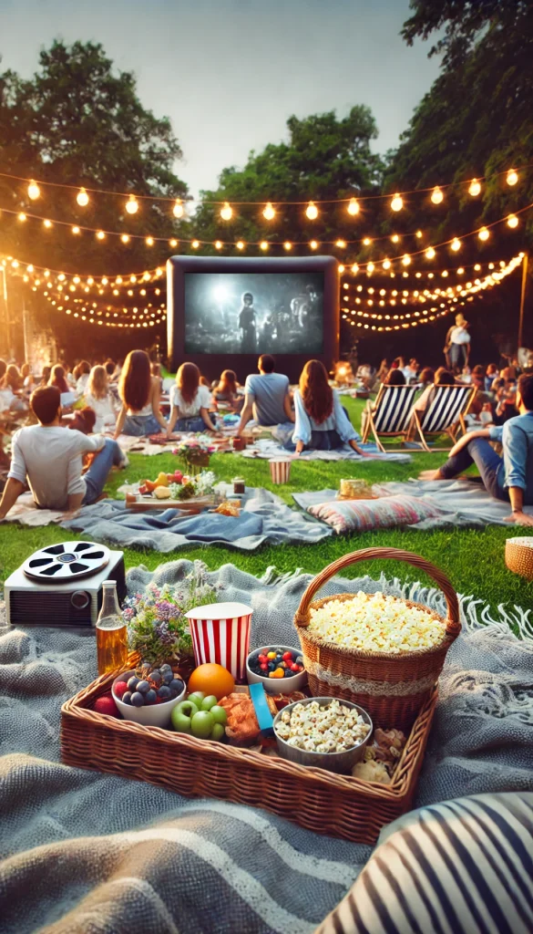 A DIY outdoor movie night setup in a park with a projector screen showing a movie. There's a cozy picnic blanket spread on the grass with a basket full of snacks like popcorn, candy, and fruit. People are gathered around, sitting on blankets and lawn chairs, enjoying the movie under the stars with string lights hanging above, adding a magical touch to the atmosphere.