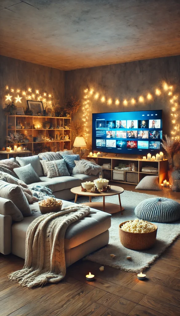 A movie night setup in a spacious living room with a large sectional sofa, fluffy throw blankets, and lots of pillows. The room has a cozy and inviting atmosphere with soft lighting from candles on a coffee table. A large flat-screen TV is showing a movie, and there's a basket of snacks like popcorn, chips, and chocolate nearby. The room has a relaxed vibe, perfect for a casual movie marathon.