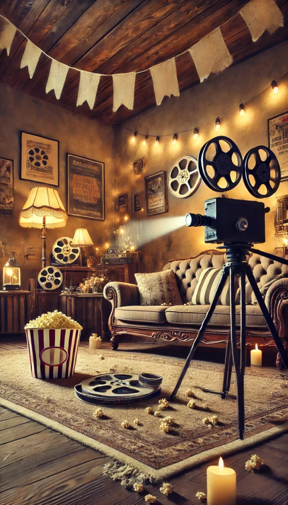 A whimsical movie night in a living room with vintage decor, featuring a projector set up in front of an old-fashioned sofa. The room is filled with charming details like a vintage popcorn machine, film reels, and old movie posters on the walls. A soft rug covers the floor, and the lighting is warm, with a soft glow from a floor lamp.
