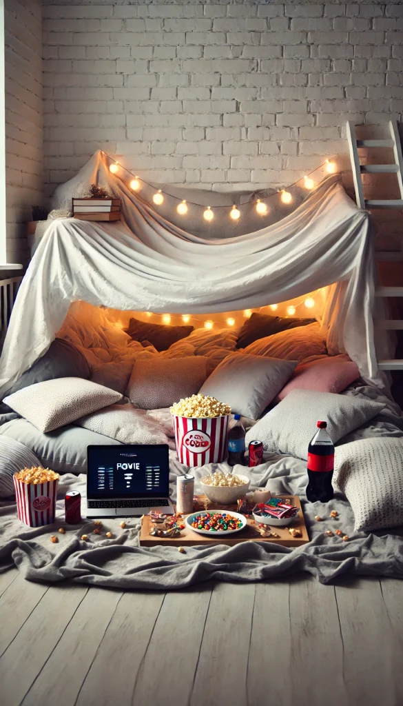 A movie night setup with a large blanket fort made out of sheets and pillows, creating a cozy hideaway for watching movies. Inside the fort, there are snacks like popcorn, candy, and a few soft drinks. A string of fairy lights is draped over the fort, and a laptop is set up for a movie marathon. The atmosphere is playful and fun.