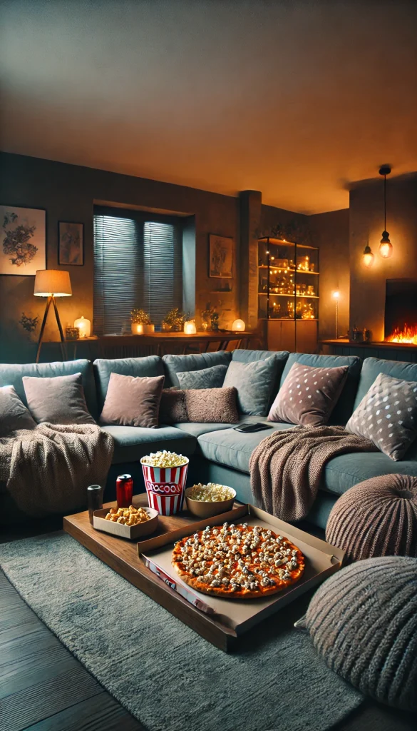 A cozy movie night in a modern living room with a sectional couch covered in blankets, large pillows scattered around, and a coffee table full of popcorn, pizza, and soda. The room has soft lighting from floor lamps and a warm fireplace crackling in the background, creating a perfect ambiance for a relaxed movie marathon.