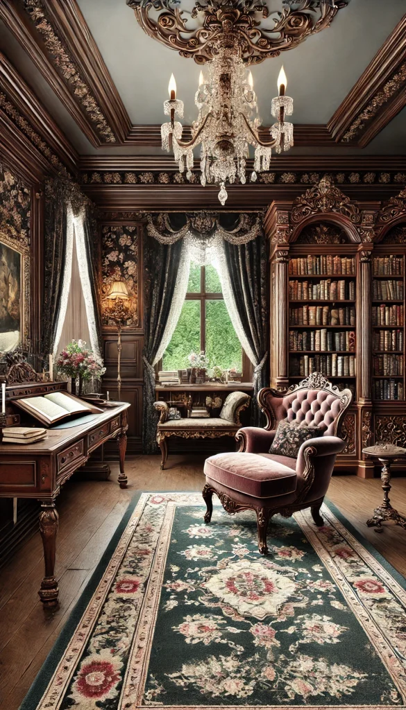 A Victorian-style book nook with vintage furniture, including an antique writing desk, a velvet chaise lounge, and ornate bookshelves. The nook is decorated with rich, dark wood tones, floral-patterned wallpaper, and a chandelier with crystal accents. A soft armchair sits by a window, overlooking a lush garden, creating an elegant and timeless reading space.