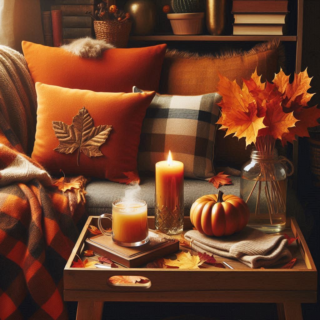 A reading nook filled with fall vibes: burnt orange and mustard cushions, a wool plaid throw blanket, maple leaves scattered around or in a vase, a pumpkin-scented candle on a wooden tray, cozy socks peeking from under a chair, and a steaming cup of cider. Warm lighting enhances the seasonal feeling.