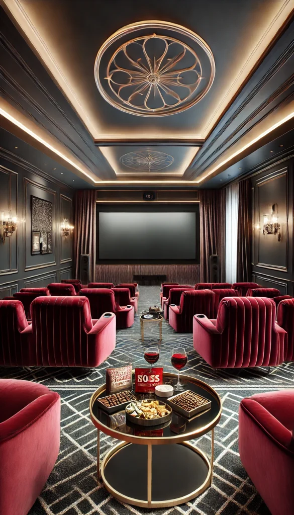 A chic and stylish home theater room designed for movie nights, with velvet red chairs, a large projector screen, and elegant dark walls. The room is dimly lit, with soft LED lights surrounding the floor. A glass table with a variety of snacks like chocolate, chips, and a couple of fancy drinks sits in the center of the room. The atmosphere is sophisticated and cozy.