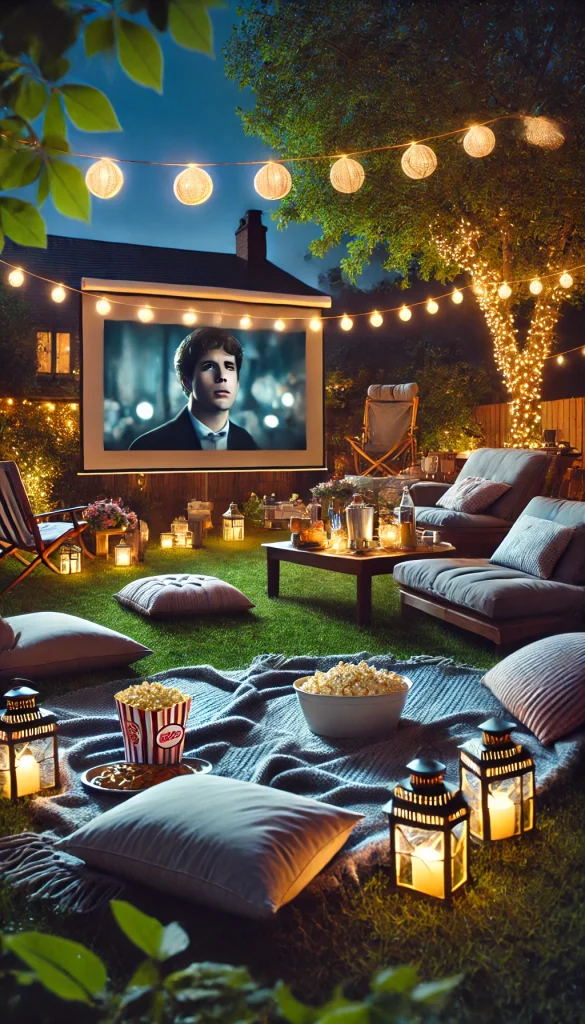 A movie night in an outdoor backyard setting with a projector screen displaying a film. Comfortable outdoor seating with blankets, fairy lights strung across the trees, and a table with snacks like popcorn, nachos, and drinks. The ambiance is cozy, with lanterns providing soft lighting and a few people relaxing on the grass, enjoying the movie under the stars.