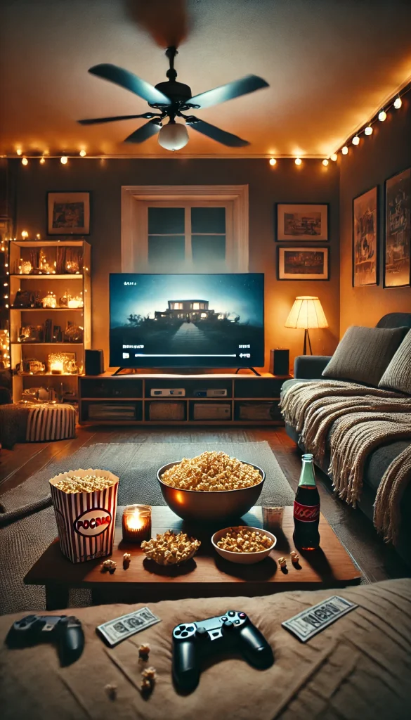 A cozy home movie night setup with a large TV screen showing a classic movie, a comfy couch with blankets and pillows, and a coffee table filled with popcorn, snacks, and a few soft drinks. The room has dim lighting, with fairy lights hanging on the walls, creating a warm and inviting atmosphere. A large bowl of popcorn sits in the foreground, and a few movie tickets are scattered around.