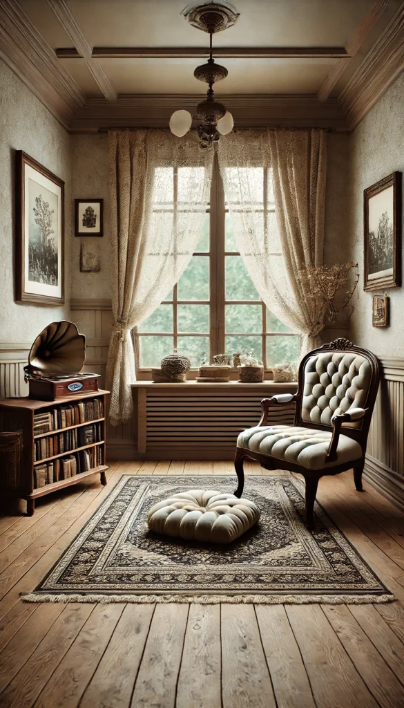 A vintage-inspired meditation room with a nostalgic feel. The room features hardwood floors and lace curtains that filter soft, natural light. A vintage, tufted armchair sits beside a small wooden bookshelf filled with classic literature and philosophical works. An antique rug with delicate patterns lies beneath a traditional meditation cushion. The walls are decorated with framed black-and-white photographs of serene landscapes. A phonograph plays soothing, classical music, adding to the room's tranquil ambiance.