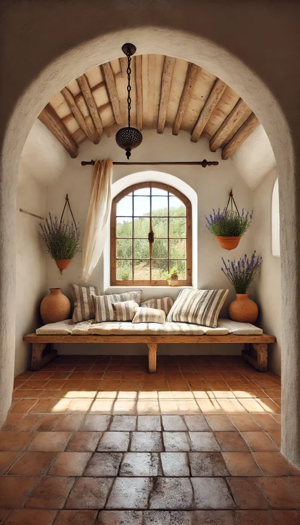A Mediterranean-inspired meditation room with natural light and airy design. The room features terracotta floor tiles and whitewashed walls. A large, arched window overlooks a garden, providing a beautiful view and ample natural light. The room is furnished with a low, rustic wooden bench covered with soft, striped cushions. Hanging terracotta pots with Mediterranean herbs like lavender and rosemary add a fragrant, calming element. A simple wrought iron chandelier hangs from the ceiling, adding to the rustic charm.