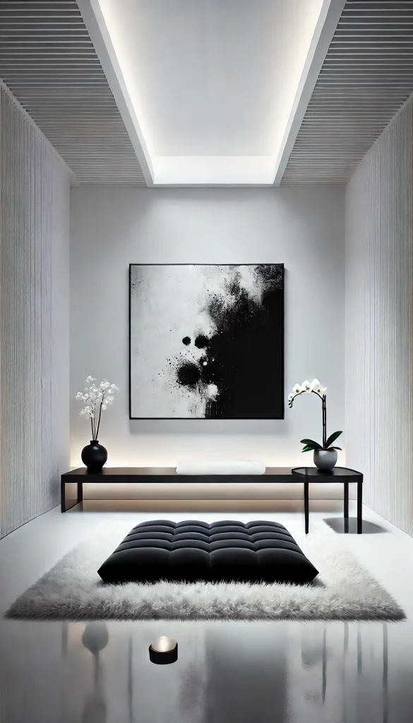 A minimalist meditation room with a touch of modern elegance. The space is characterized by clean lines and a monochrome palette of black and white. A sleek, black meditation mat lies in the center of the room, with a white faux fur rug underneath. The walls are white with a single, large abstract black and white painting as a focal point. Minimal furniture includes a slim, black side table holding a single white orchid in a clear vase. Soft, recessed lighting creates a tranquil and reflective atmosphere.