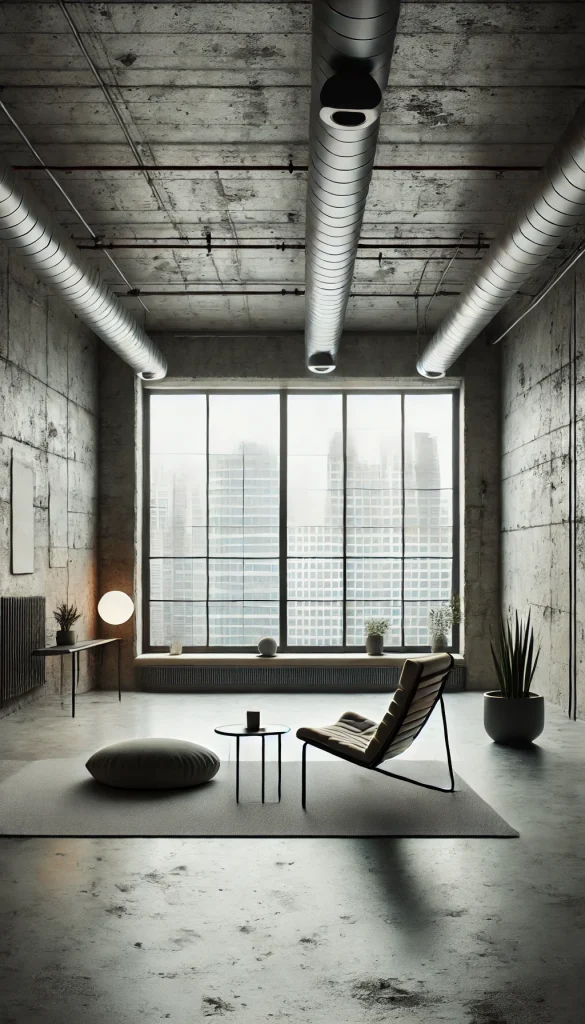 A minimalist urban meditation room with industrial design elements. The room features exposed brick walls and high, concrete ceilings with visible ductwork. A large, floor-to-ceiling window provides a view of the city skyline. The furnishings are sparse but functional, including a simple, modern meditation chair and a small metal table. A few potted plants add a touch of greenery, contrasting with the room's raw, urban aesthetic. Soft, indirect lighting from wall-mounted fixtures creates a calm, subdued atmosphere.