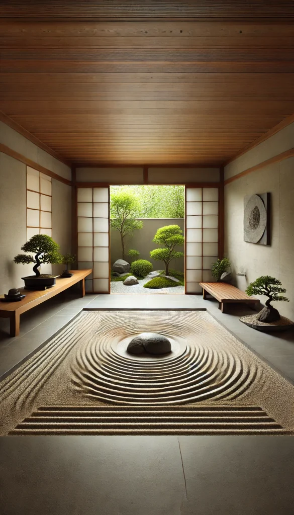 A zen garden-themed meditation room with a focus on simplicity and nature. The room has smooth, stone tiles and a central sand pit raked into intricate patterns. Along one wall, a low wooden bench allows for seated meditation, facing a large window that overlooks a small, outdoor zen garden. Several potted bonsai trees are placed around the room, along with stone sculptures and a bamboo water fountain. The atmosphere is calm and quiet, with soft, ambient sounds of water trickling and wind chimes.
