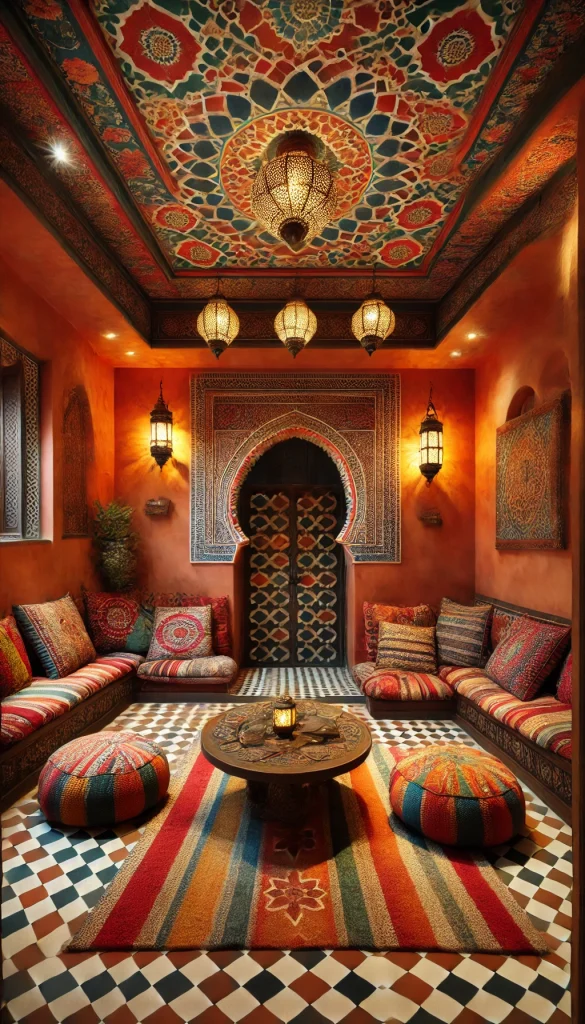 A Moroccan-style meditation room with vibrant decor. The room has terracotta-tiled floors and walls painted in warm, rich hues of orange and red. A large, ornate archway frames the entrance, with intricate carvings and mosaic tile work. The seating area features several plush, colorful floor cushions and a low, carved wooden table. Lantern-style lights hang from the ceiling, casting patterned shadows across the room. The space is adorned with lush, hanging tapestries and large, decorative pottery.
