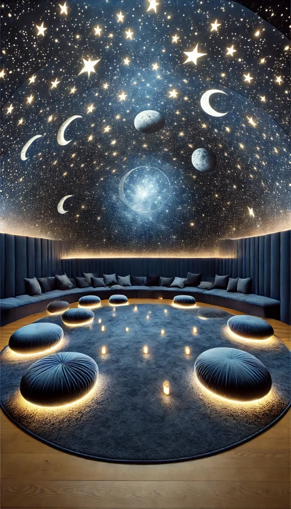 A celestial-themed meditation room with a starry night sky ceiling. The room features a large, dome-shaped ceiling painted to look like a night sky, complete with twinkling stars and a crescent moon. The walls are dark blue with subtle galaxy murals. The floor has a plush, midnight blue carpet, and the central seating area includes several soft, round cushions resembling planets. Small LED lights embedded in the floor add to the celestial effect, creating a peaceful, cosmic atmosphere for meditation.