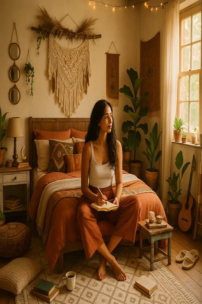 A cozy bohemian bedroom with layered textiles and a large mandala tapestry as the main wall decor.