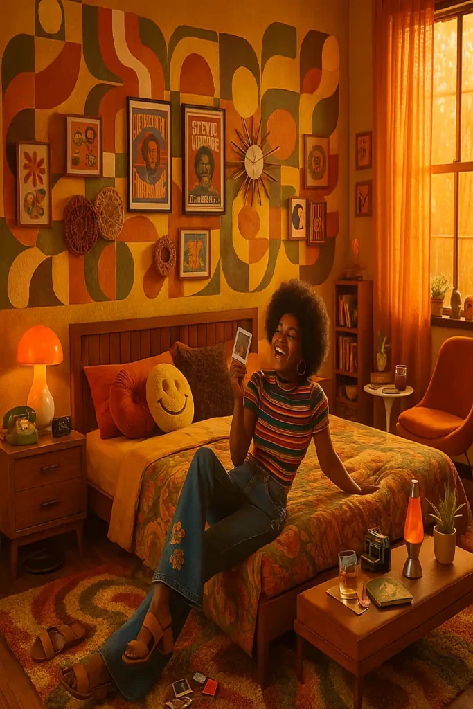 A bold retro bedroom with geometric wallpaper, vintage posters, and 70s color palette.