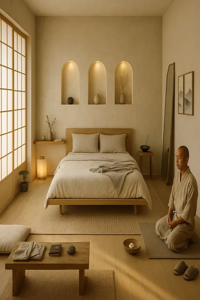 A calm minimalist bedroom with arched wall niches and soft neutral textures.