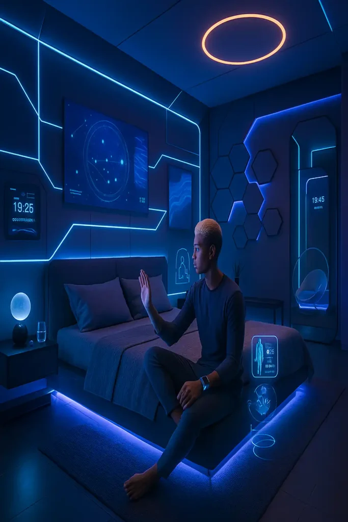 A futuristic smart bedroom with glowing LED wall panels and holographic projections.