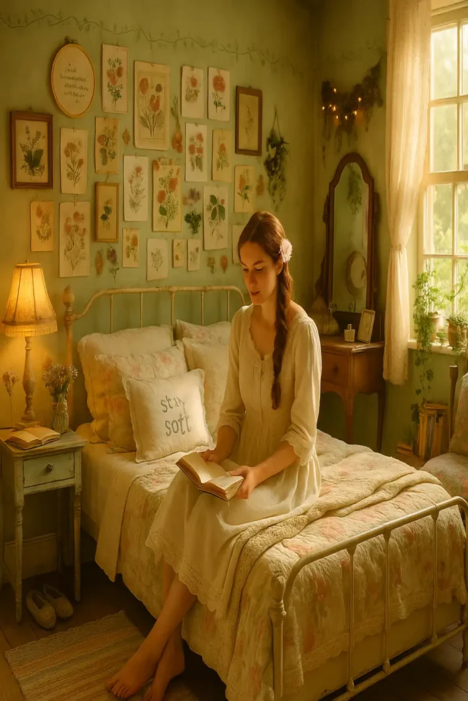 A romantic cottagecore bedroom with a floor-to-ceiling botanical wall collage and floral bedding.