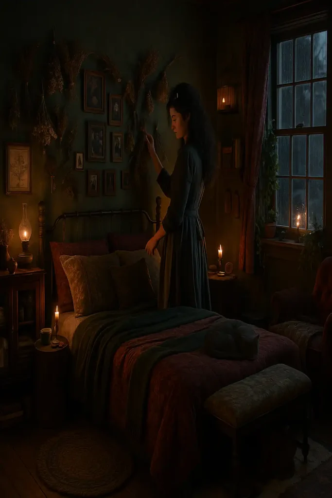 A moody dark cottagecore bedroom with foraged wall bundles and mystical illustrations.