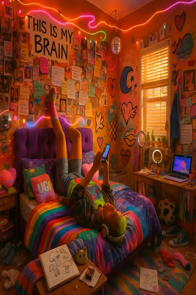 A chaotic, vibrant teen bedroom with a floor-to-ceiling collage of posters, photos, and personal notes.
