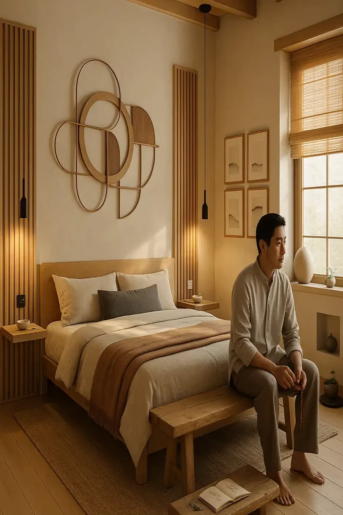 A Japandi bedroom with wood slatted walls and sculptural organic wall art.