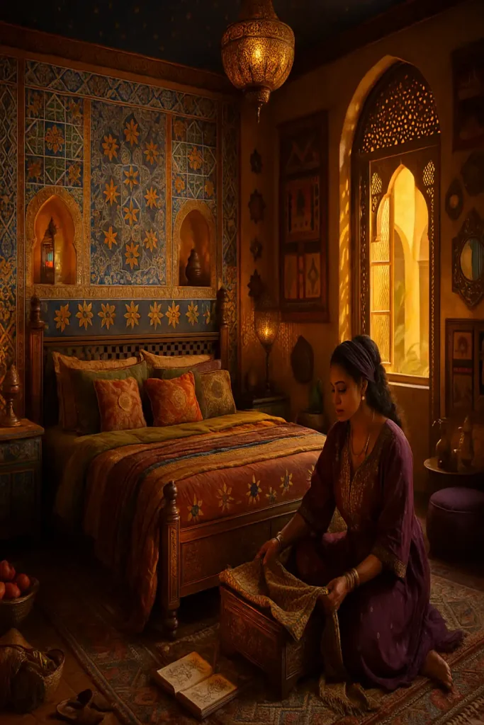 A Moroccan-inspired bedroom with ornate wall panels and layered global textiles.