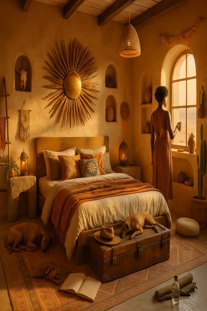 A desert-inspired boho bedroom with sunburst wall decor and adobe textures.