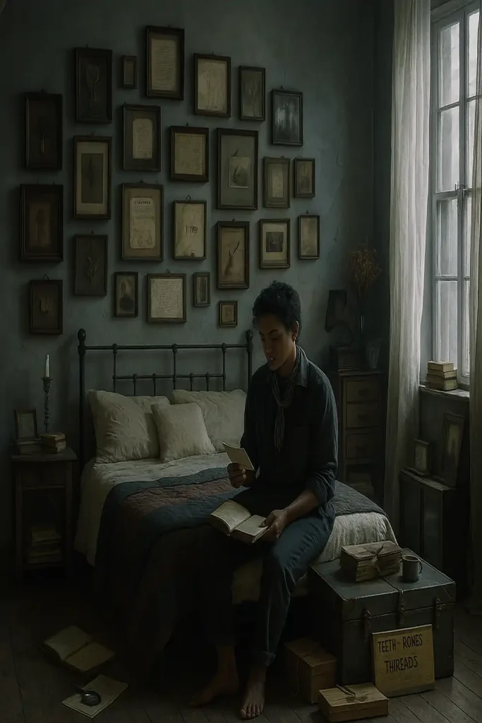 A moody bedroom with a gallery wall of old documents, photographs, and framed family relics.