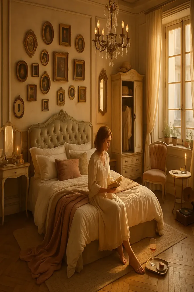 A romantic vintage bedroom with ornate wall molding and an asymmetrical gallery of antique gold frames.