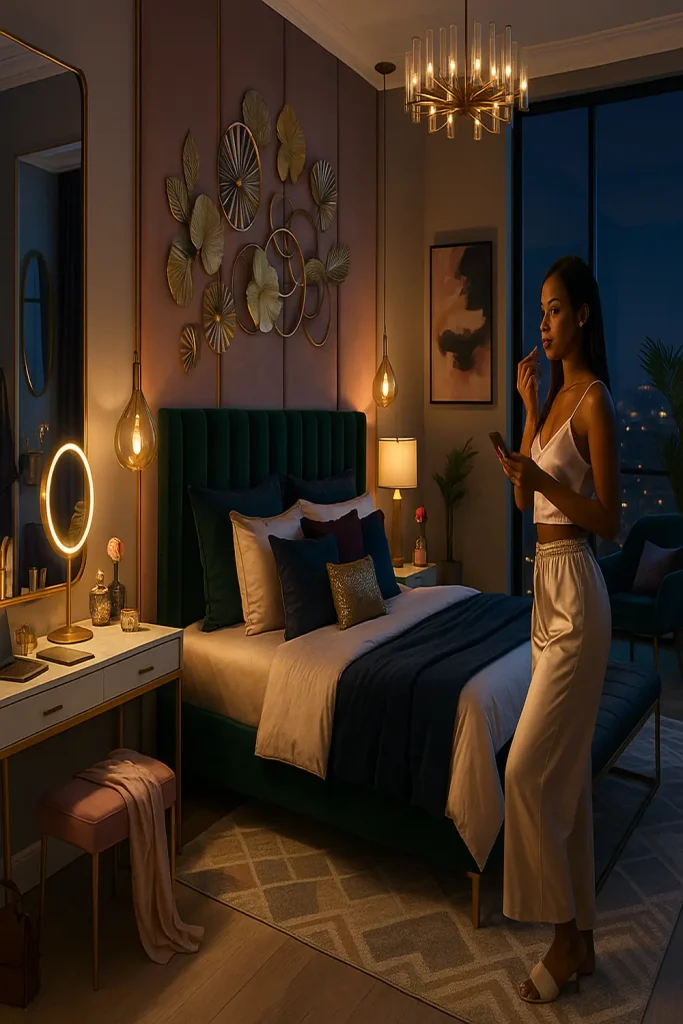 A luxurious glam bedroom with a metallic wall sculpture and velvet textiles in jewel tones.