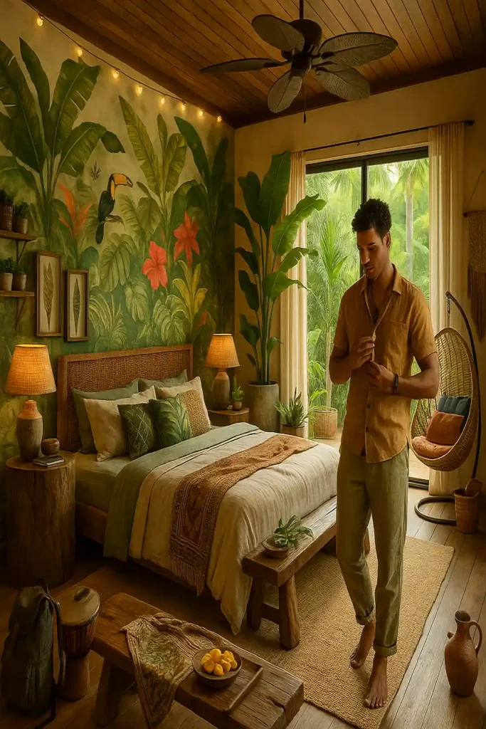 A tropical-themed bedroom with an oversized botanical mural and layered natural textures.