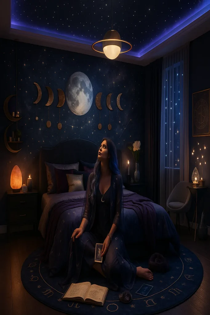 A celestial-themed bedroom with a moon phase wall installation and glowing night sky mural.