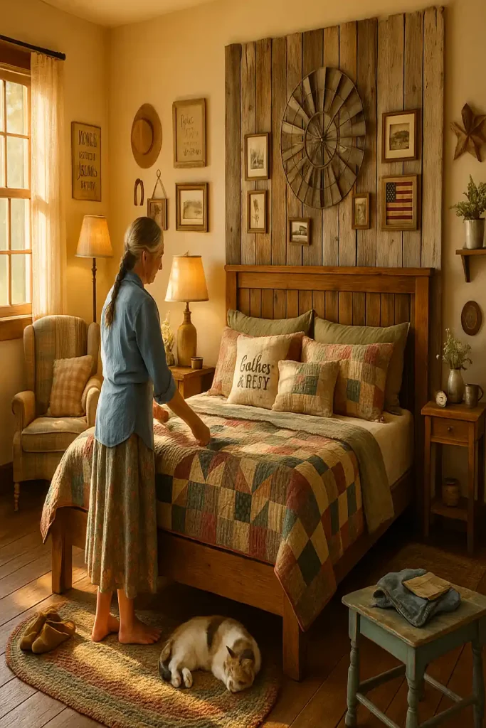 A cozy rustic farmhouse bedroom with quilted bedding and vintage Americana wall art.
