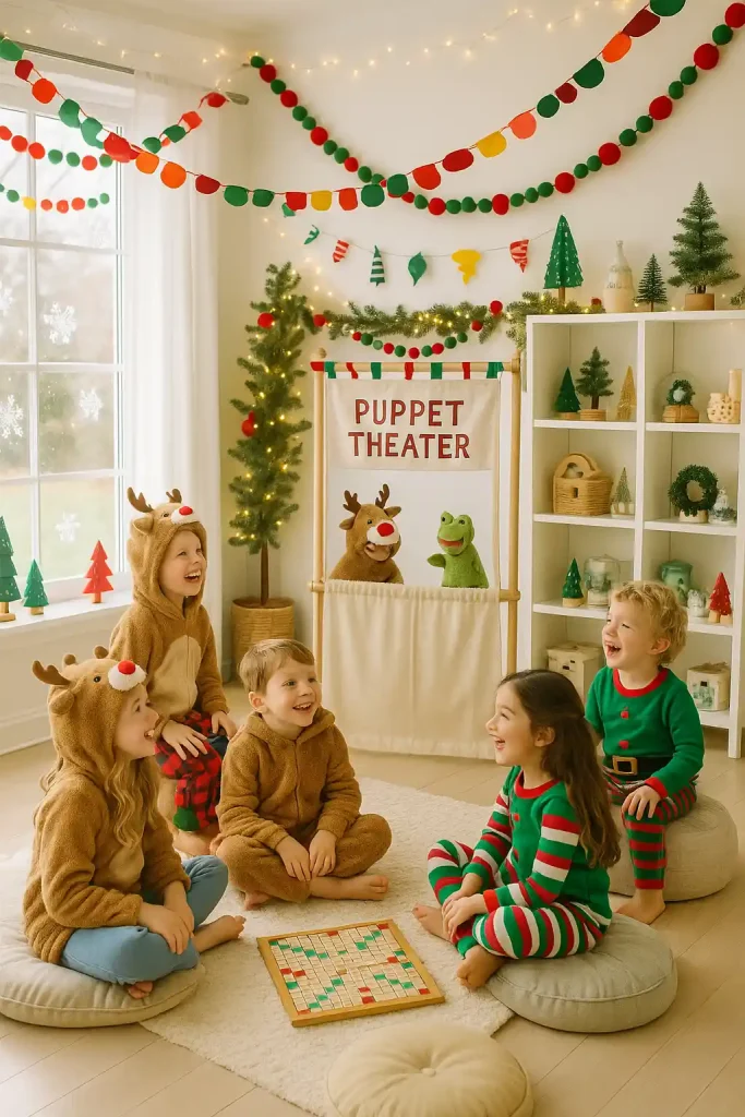 In a cheerful, daylight-flooded playroom, a group of children sit on large floor cushions watching a homemade puppet show. A parent or older sibling is just out of frame behind a festive cardboard theater stand. The kids wear reindeer onesies and elf pajamas, their expressions ranging from wide-eyed wonder to giggling delight. Around them, the space is filled with creative Christmas decor: strings of colorful paper chains, felt garlands, and small tabletop trees. The windows are trimmed with snowflake decals and soft curtains, while toy shelves are decked out with miniature wreaths and snow globes. Twinkle lights cast a soft glow from above, though the primary illumination is bright natural light. The scene brims with imagination and joyful energy.