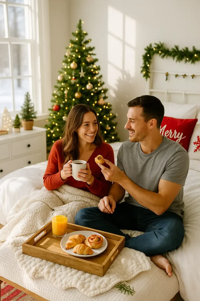 In a sun-drenched bedroom with white linens and cozy red accents, a couple lounges under a knit blanket, sharing breakfast in bed. The woman holds a cup of coffee with both hands, smiling at her partner, who offers her a bite of a cinnamon roll. On the tray: orange juice, fresh pastries, and a sprig of rosemary tucked beside a linen napkin. The room is tastefully decorated for the holidays: a mini Christmas tree on the dresser sparkles with warm lights, a garland of greenery and bells frames the headboard, and festive pillows add pops of color. Through a large window, bright winter light pours in. The mood is romantic and joyful, centered on comfort and quiet celebration surrounded by subtle, beautiful dΓ©cor.