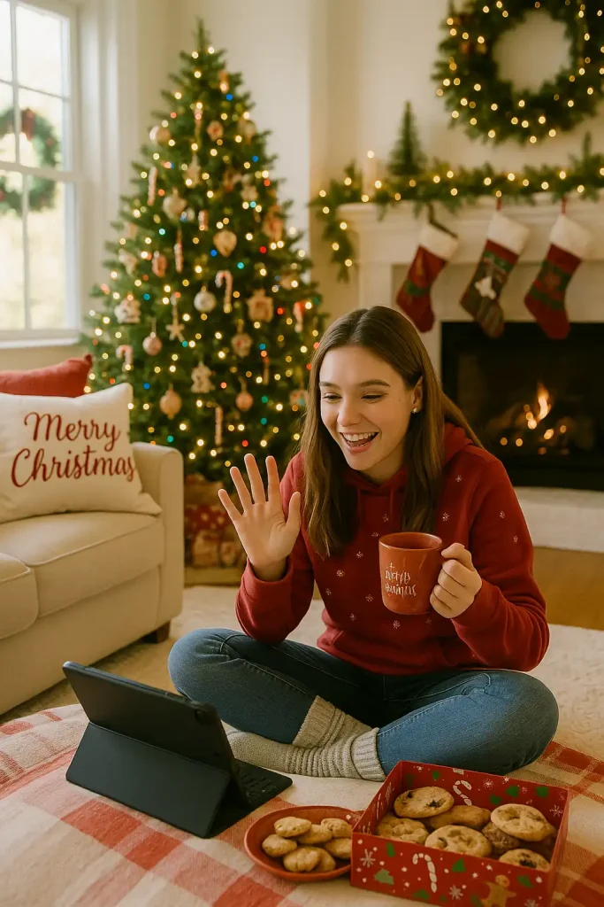 In a sunlit living room filled with vibrant holiday energy, a teenage girl sits cross-legged on the floor in front of a tablet, laughing as she waves to relatives on a video call. She wears cozy socks and a red hoodie with tiny snowflakes, surrounded by holiday-themed pillows and an open box of cookies. Behind her, a tall Christmas tree sparkles with multicolored lights and an eclectic mix of ornaments: handmade crafts, glittered stars, candy canes, and family keepsakes. Stockings hang neatly on the mantel, which is decorated with garland, pinecones, and fairy lights. A wreath is visible through a nearby window, and natural light fills the room, highlighting every festive detail. Itβs a moment of connection, captured in a space overflowing with joy and tradition.