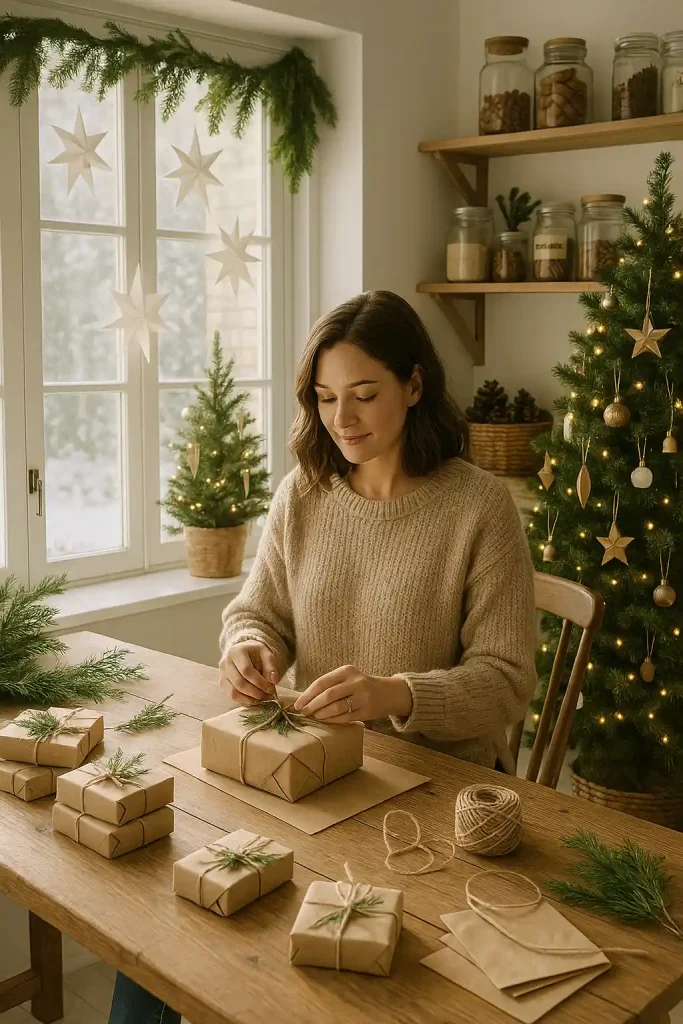 In a bright sunroom converted into a holiday workspace, a young woman sits at a rustic wooden table wrapping handmade soaps in kraft paper and tying them with twine and small sprigs of cedar. Sunlight streams through frosted windows adorned with white paper stars, casting soft shadows across the workspace. Behind her, an elegant Christmas tree glows with neutral-toned ornamentsβwooden stars, dried orange slices, and linen ribbons. Open shelves hold labeled jars of craft supplies, pinecones, and cinnamon sticks. A garland of fresh greenery drapes across the top of the window frame. Sheβs focused and serene, completely immersed in her task, surrounded by thoughtful, natural holiday dΓ©cor that feels cozy, handmade, and highly styled for inspiration.